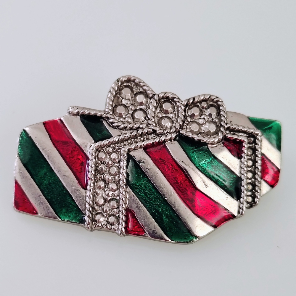 Festive Striped Christmas Present Brooch with Bow